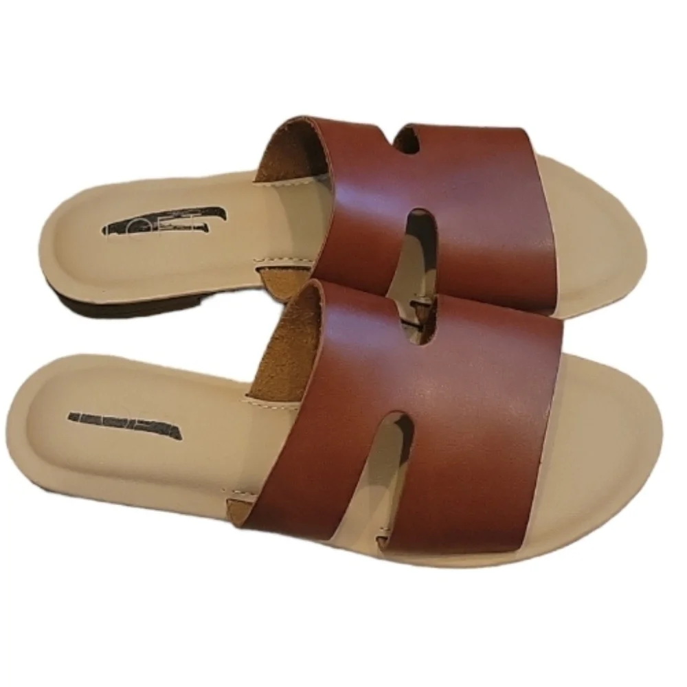 NEW! ANN TAYLOR LOFT Cut Out Flat Cegan Leather Cognac Slide Sandals 7. - Picture 3 of 6